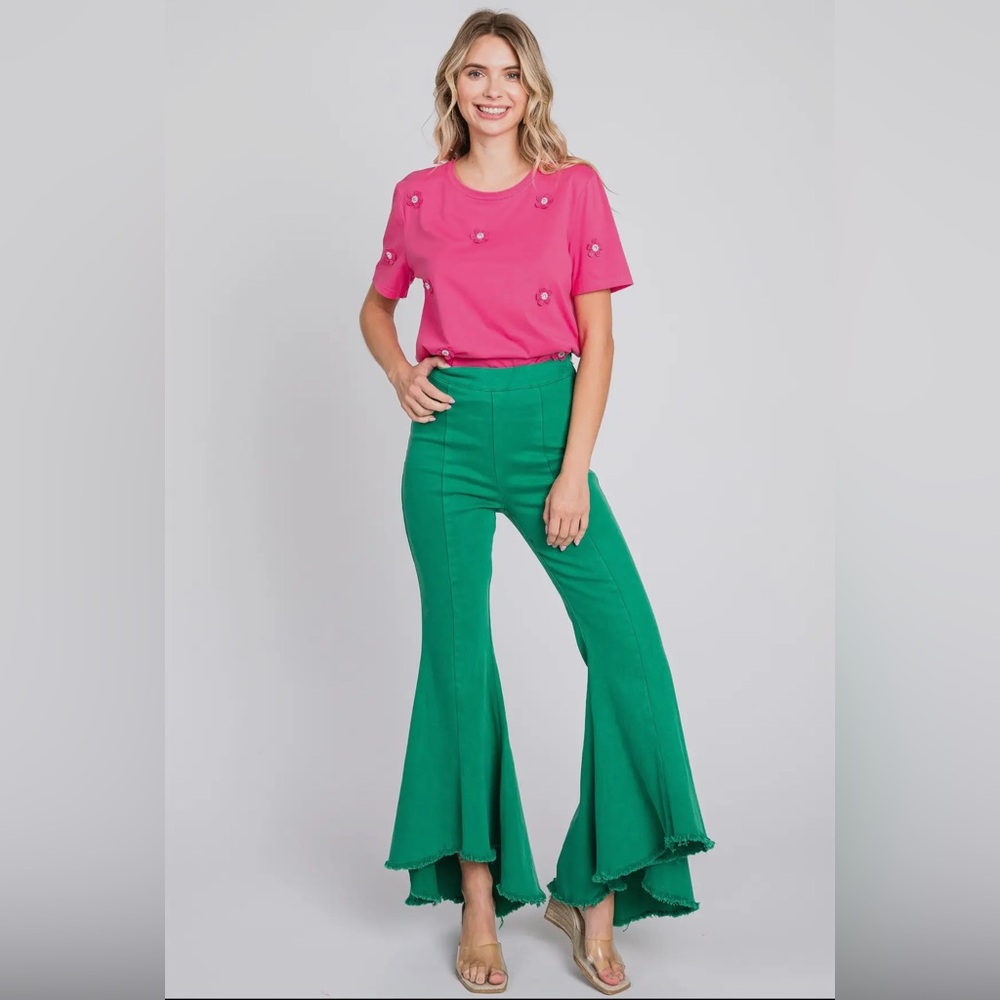 🟠 368B-GREEN. High Low Flared Stretch Jeans